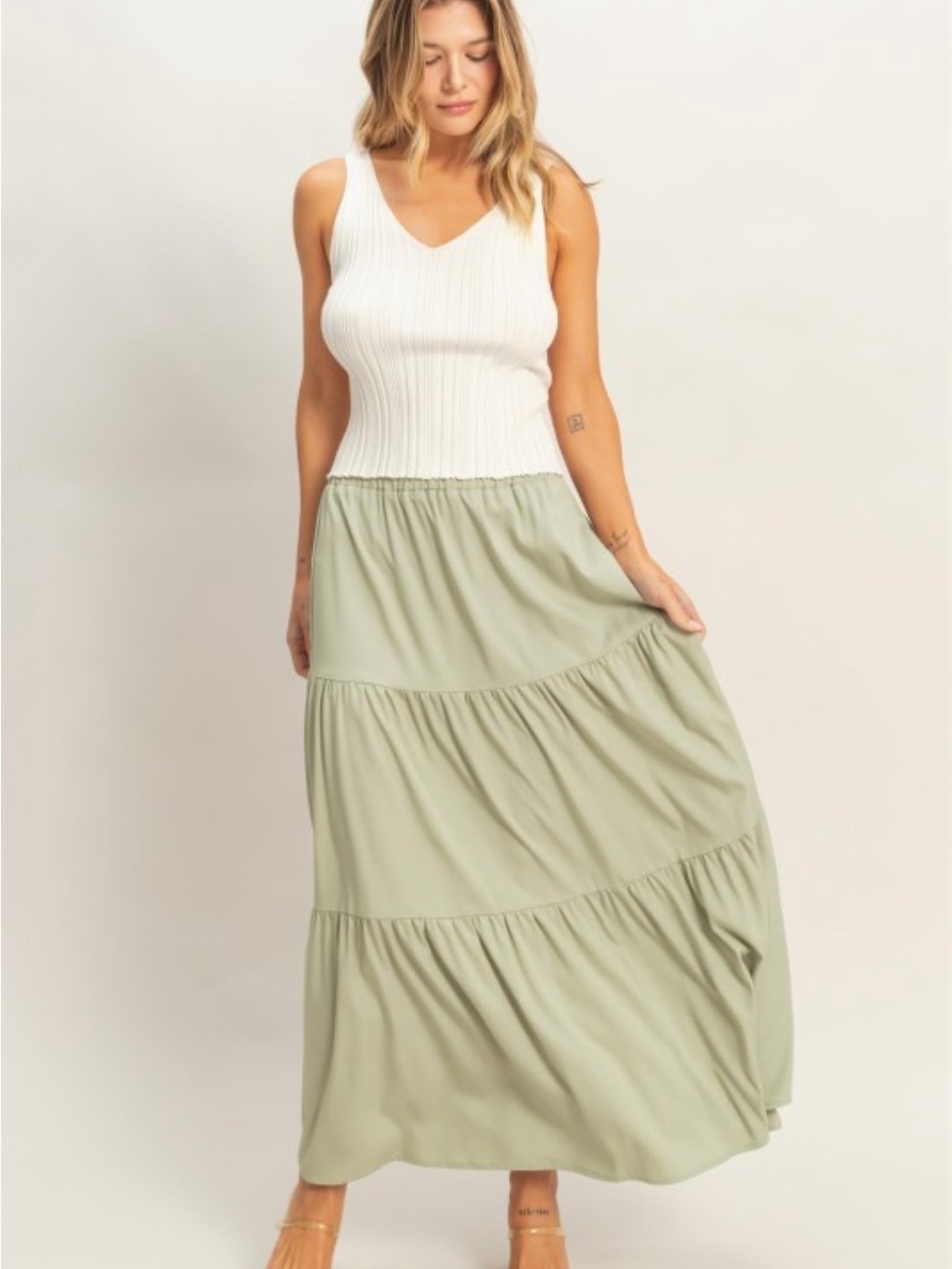 Love Tree Tiered Maxi Skirt in Sage Green